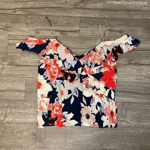Lucky Brand Multicolored Red & White Flowers On Navy Off the Shoulder Tank Top